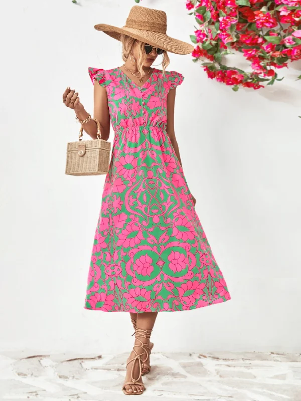 Blue Zone Planet |  Printed V-Neck Cap Sleeve Dress Fashion-forward floral dresses