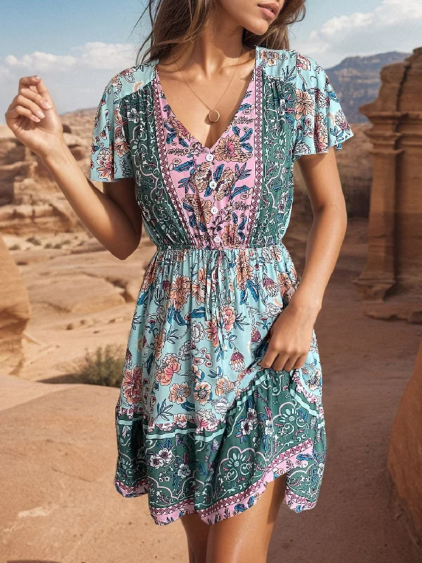 Blue Zone Planet |  Printed V-Neck Flutter Sleeve Dress Petite floral dresses