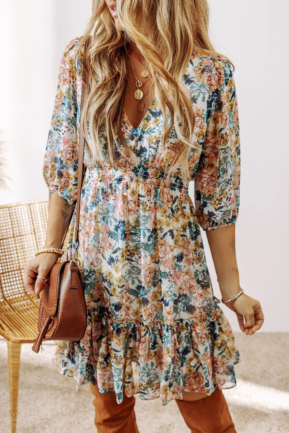 Blue Zone Planet |  Printed V-Neck Half Sleeve Dress Best floral dresses for work