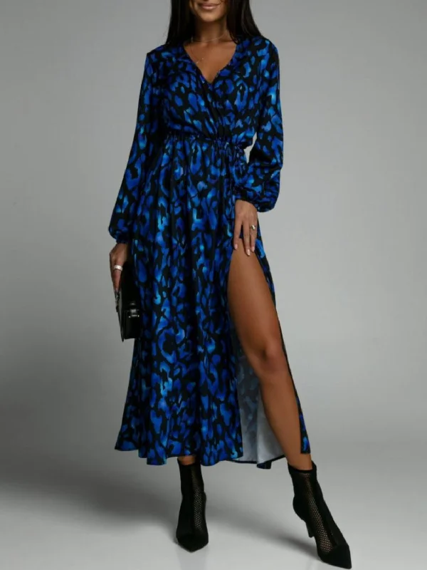 Blue Zone Planet |  Slit Printed Surplice Long Sleeve Dress Women's trendy floral dresses sale