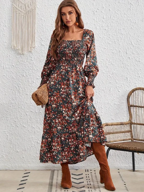 Blue Zone Planet |  Smocked Floral Square Neck Long Sleeve Dress Wrap floral dresses