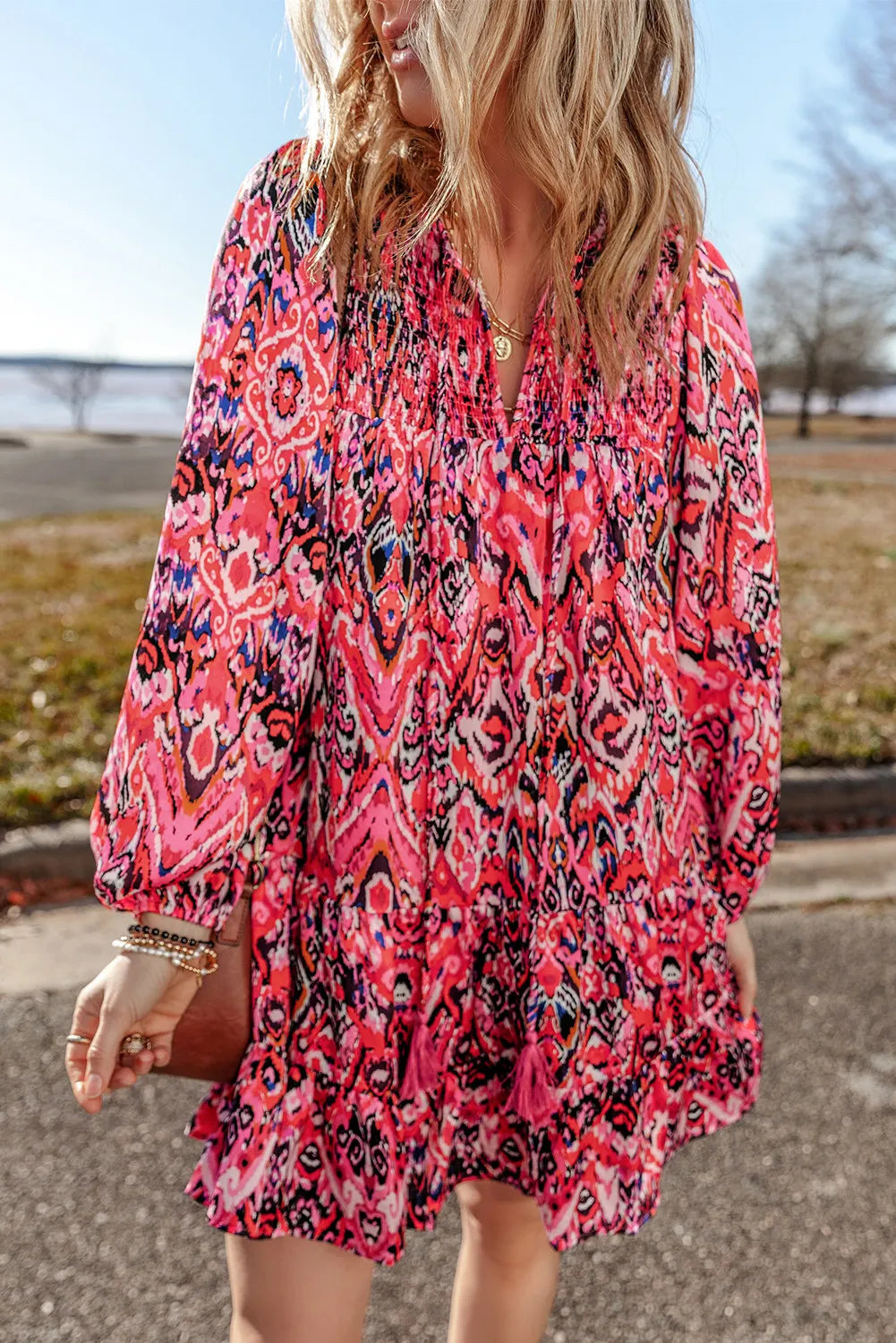 Blue Zone Planet |  Tassel Printed Tie Neck Long Sleeve Dress Expensive floral dresses