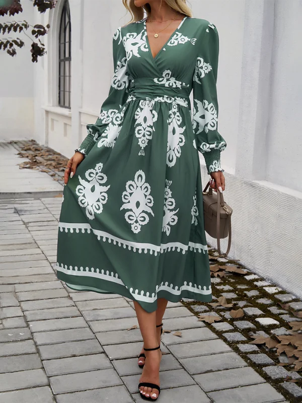 Contrast color print elegant v-neck long sleeve dress Best floral dresses for casual outings