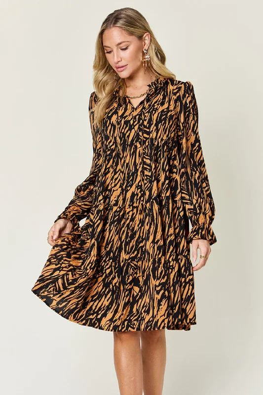 Double Take Full Size Printed Ruffle Hem Long Sleeve Dress Satin floral dresses