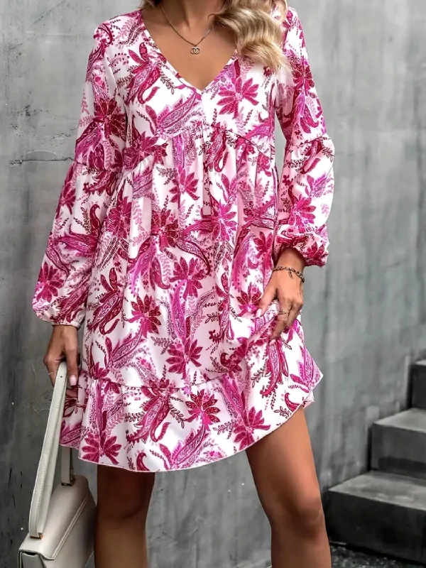 Floral V-Neck Balloon Sleeve Dress Chiffon floral dresses