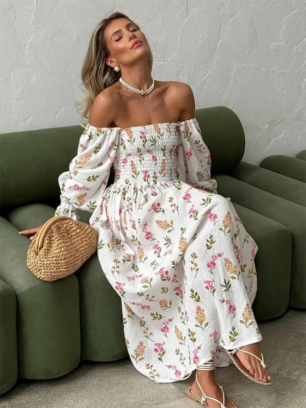 Blue Zone Planet |  One-piece neckline floral ruffled lantern sleeve long-sleeve dress Floral dresses under $100