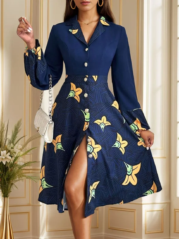 Blue Zone Planet |  Printed Collared Neck Long Sleeve Dress Vacation floral dresses