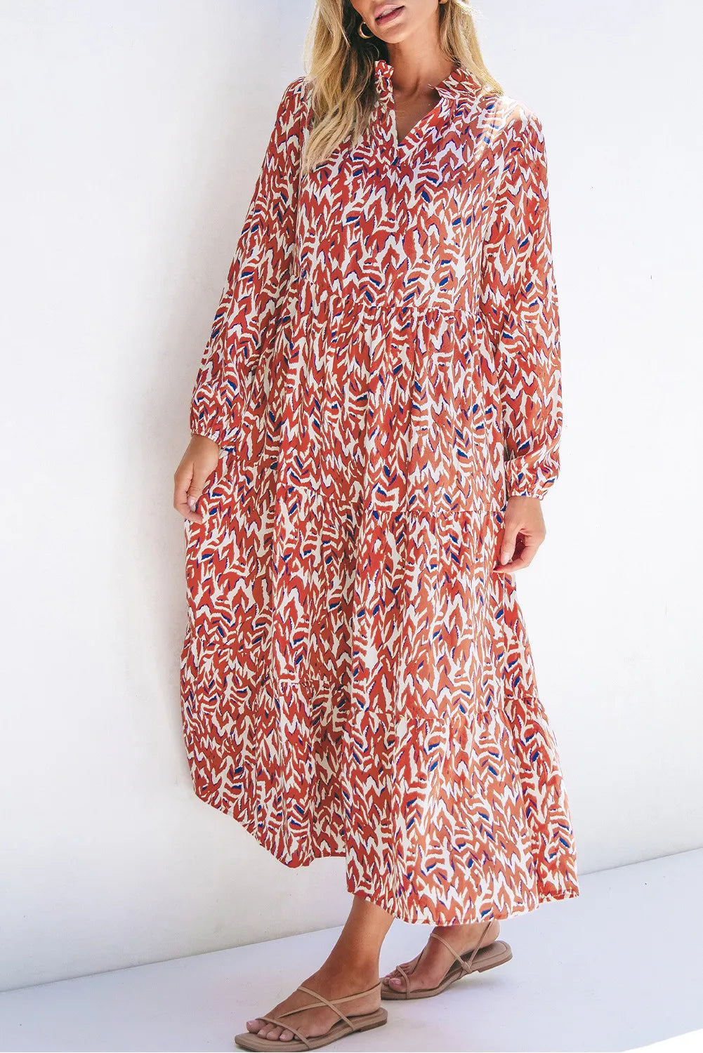 Blue Zone Planet |  Printed Notched Long Sleeve Dress Stretchy floral dresses