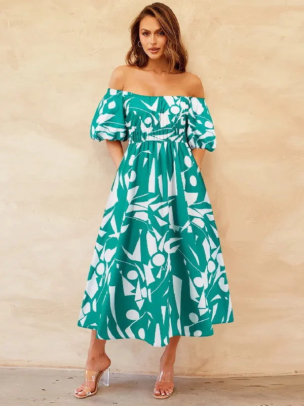 Blue Zone Planet |  Printed Off-Shoulder Balloon Sleeve Dress Vintage floral dresses