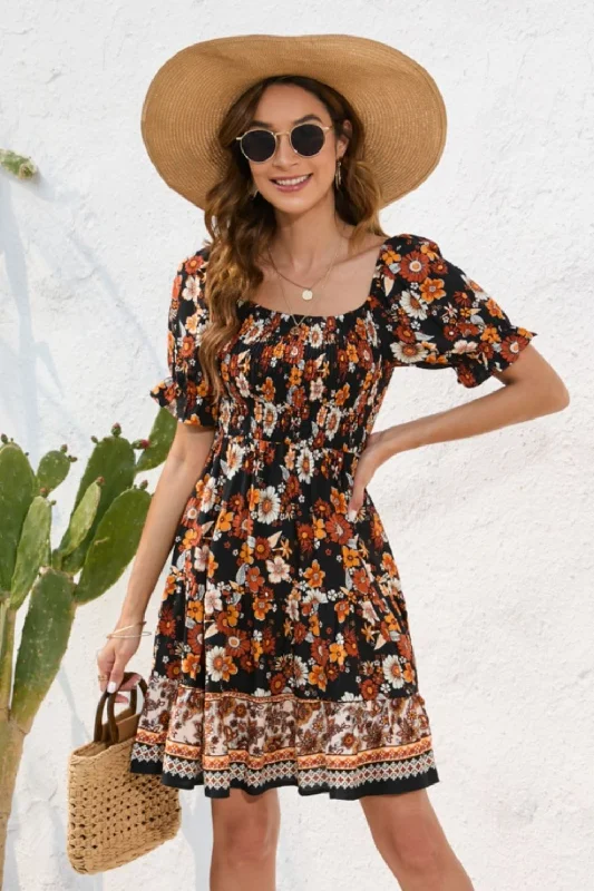 Printed Square Neck Short Sleeve Dress Silk floral dresses