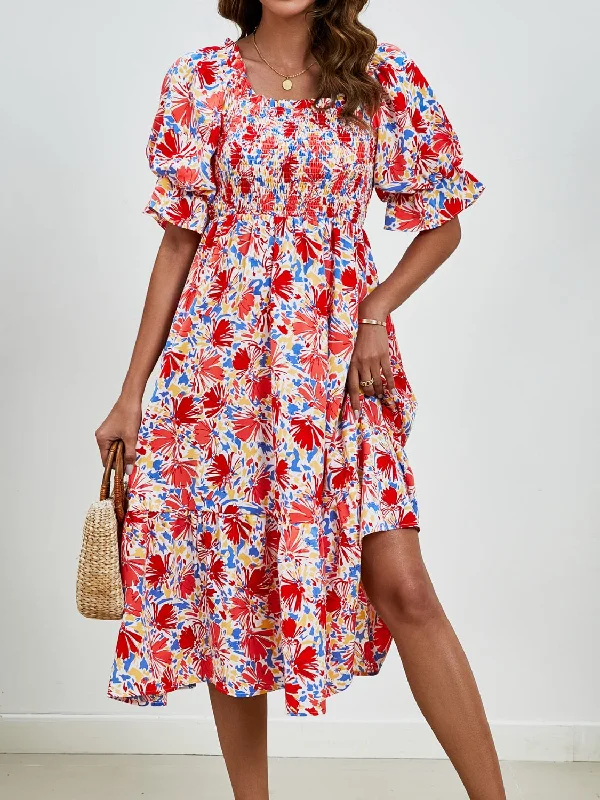 Blue Zone Planet |  Smocked Floral Square Neck Short Sleeve Dress Edgy floral dresses