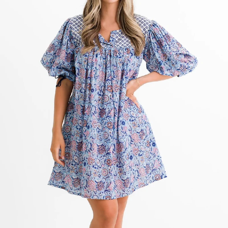 Taj Floral Blue Split Neck Shift Dress Organza floral dresses