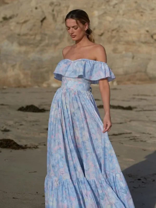 Summer New Blue Printed Dress Women Off the Shoulder Long Dresses Minimalist floral dresses