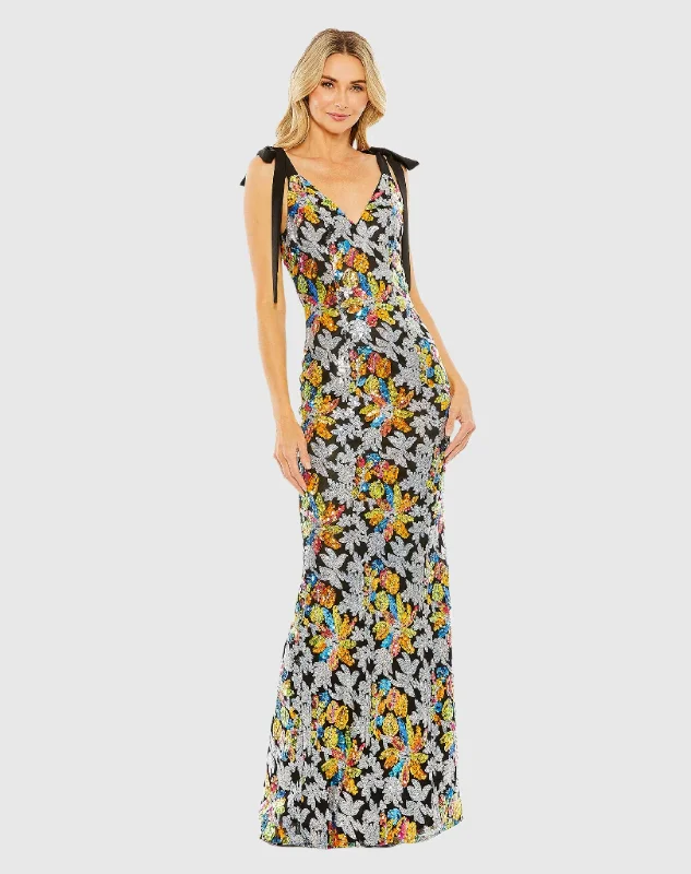 Embellished Bow Strap V Neck Column Gown Party unclassified dresses