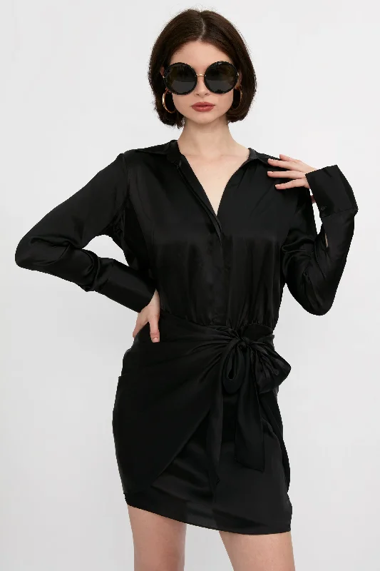 Atlas Silk Satin Wrap Effect Dress in Black Elegant evening unclassified dresses