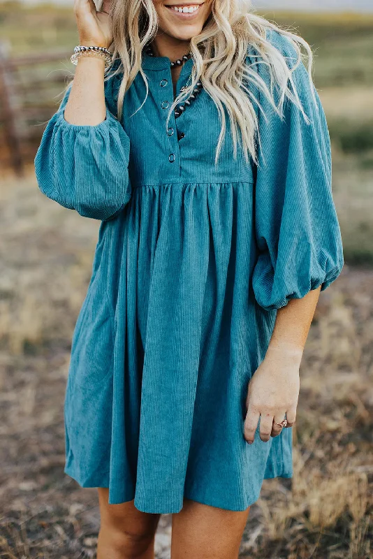 Light Blue Snap Button Empire Waist Lantern Sleeve Corduroy Dress Stylish unclassified dresses
