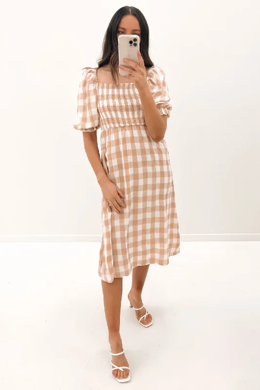 Laylin Midi Dress Beige Check Wraparound Midi Skirt