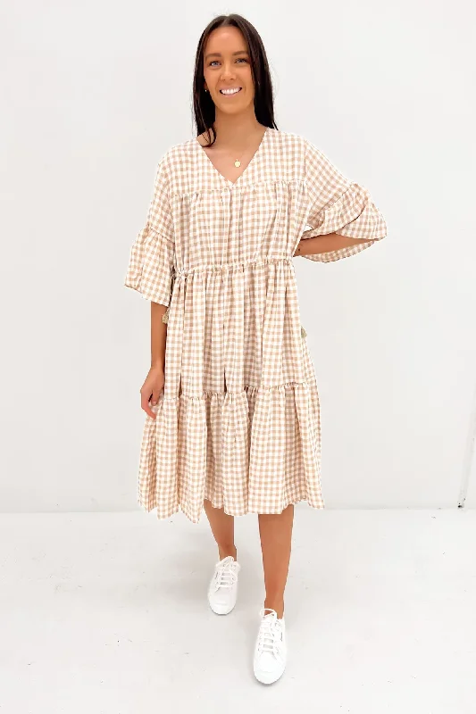 Maceline Midi Dress Beige Gingham Pleated Midi Skirt