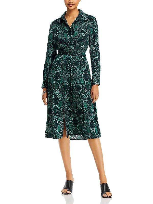 Marina Womens Snake Print Midi Shirtdress Soft Pleated Midi