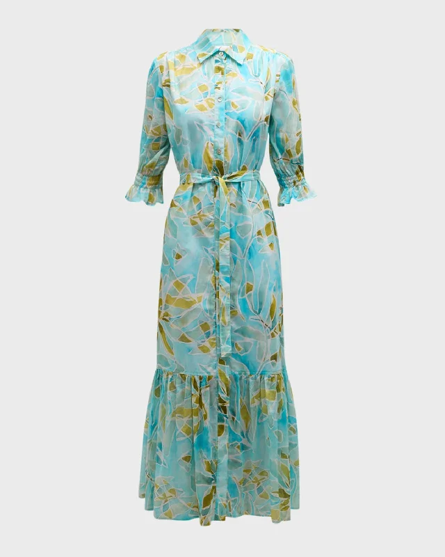 Sienna Seaweed-Print Flounce Midi Shirtdress Vintage Midi Skirt