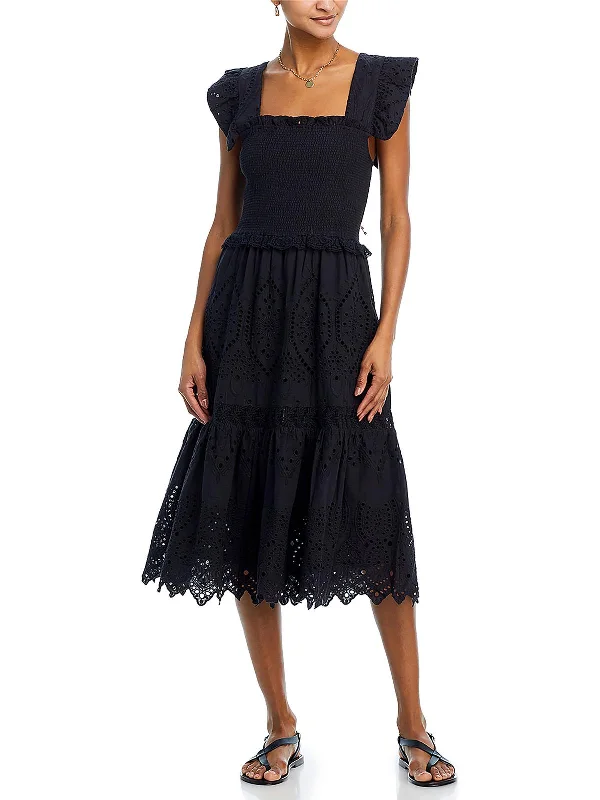 Womens Eyelet Smocked Midi Dress Wool Midi Skirt