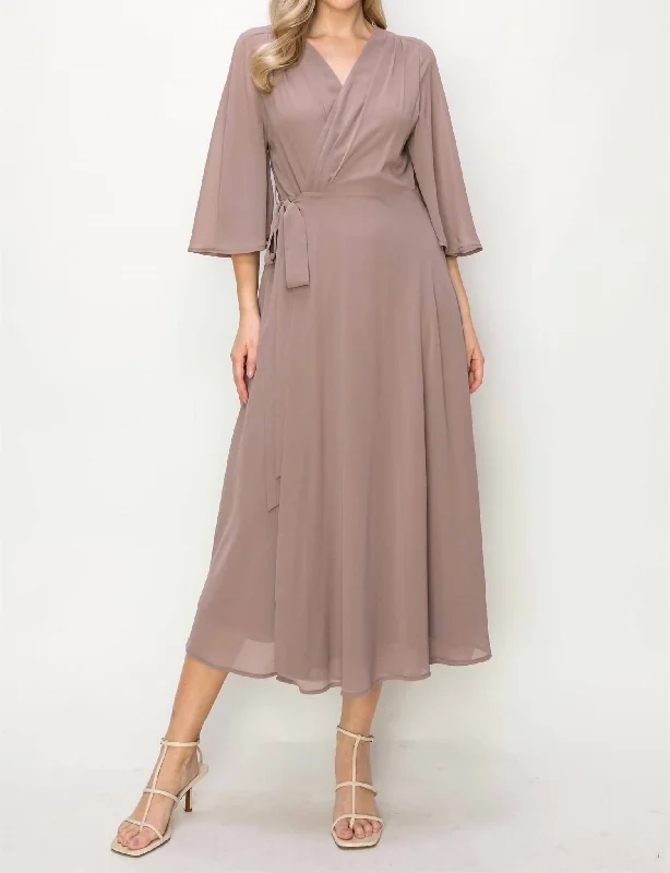 Wrap Knit V Neck Midi Dress In Taupe Boho Midi Skirt